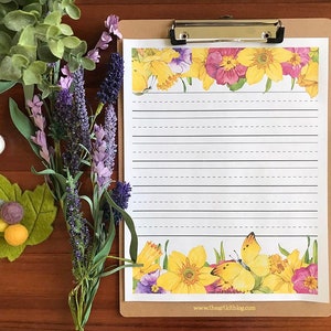 Printable Stationery, Pretty Lined Paper, Writing Paper, Spring Notecard, Easter Card, Flower ...