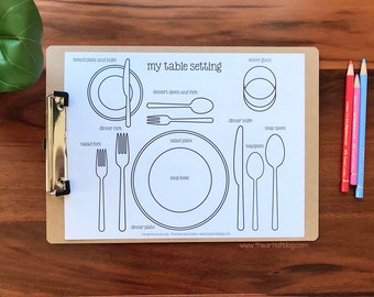 Table Setting Placemat Printables for Kids, Montessori Placemat Printable, Etiquette and Manners, Placemat Templates PDF, Coloring Page