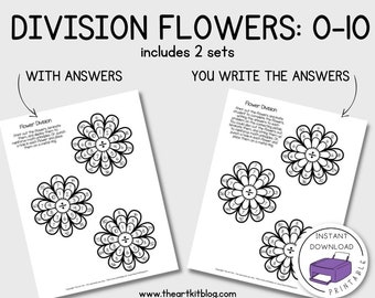 Division Worksheets, Math Wheel, Waldorf Math, Smaller Waldorf DIVISION Math Flowers, 0 - 10 Flash Cards, Montessori Learning, Math for Kids