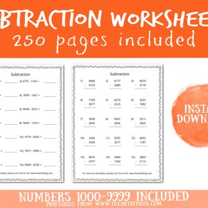 200 pagina's afdrukbare rekenbladen voor aftrekken, getallen 1000-9999, viercijferige problemen, horizontale en verticale lay-outs, antwoorden inbegrepen