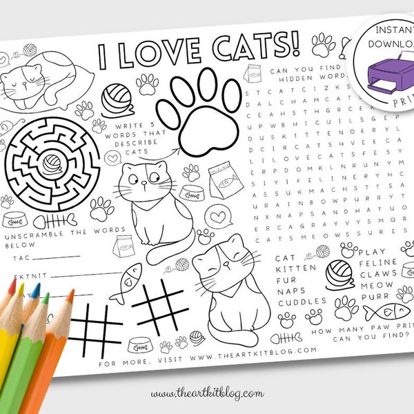 PRINTABLE I Love Cats Activity Page, Printable Placemat, Kittens Activities for Kids, No- Prep, Educational, Animal Printables Homeschool