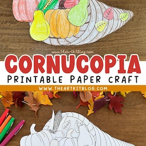 May include: A printable cornucopia paper craft featuring a cornucopia filled with pumpkins, pears, corn, and apples. The craft is shown with coloured pencils and felt leaves.