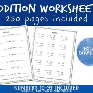 200 pagina's afdrukbare optellingswerkbladen, cijfers 10-99, horizontale en verticale lay-outs, antwoorden inbegrepen, thuisschool, aanvullend