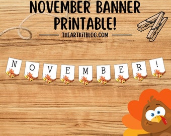 November Banner Printable, November Wall Art, Fall Printable Download, Monthly Banner Kids, Pumpkin Decor Classroom, Bulletin Board
