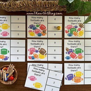 Tarjetas con clip para contar fútbol, reconocimiento de números imprimibles, descarga instantánea imprimible, imprimibles para educación en el hogar, centros preescolares