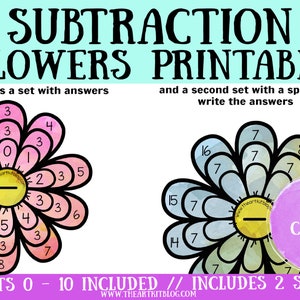 Waldorf SUBTRACTION Flower Printable, Math Wheels 0-10, AQUAREL Flash Cards, Activity Sheets, Montessori Homeschooling, Times Table