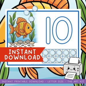 May include: A digital educational print featuring a cartoon fish, bubbles, and the number 10 in blue. The image includes the text "INSTANT DOWNLOAD" on a red banner. The phrase "INSTANT PRINTABLE DOWNLOAD - LETTER SIZE - THE ART KIT" is also present.