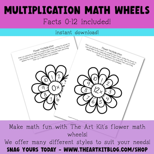 Hojas de actividades de multiplicación de flores 0 a 12 Aprendizaje Waldorf Montessori Hojas de trabajo suplementarias de matemáticas para educación en el hogar imprimibles Ruedas de matemáticas