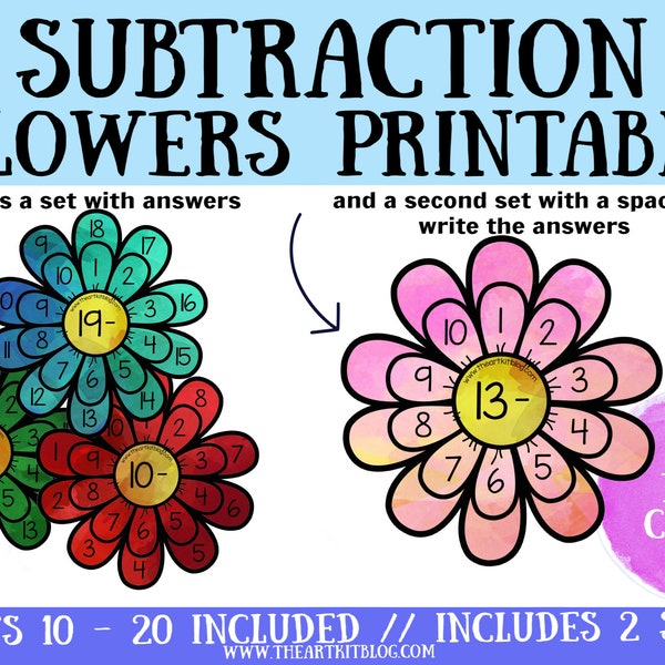 Waldorf SUBTRACTION Flower Printable, Math Wheels 10-20, Flash Cards, Activity Sheets, Montessori Learning Homeschooling, Times Table