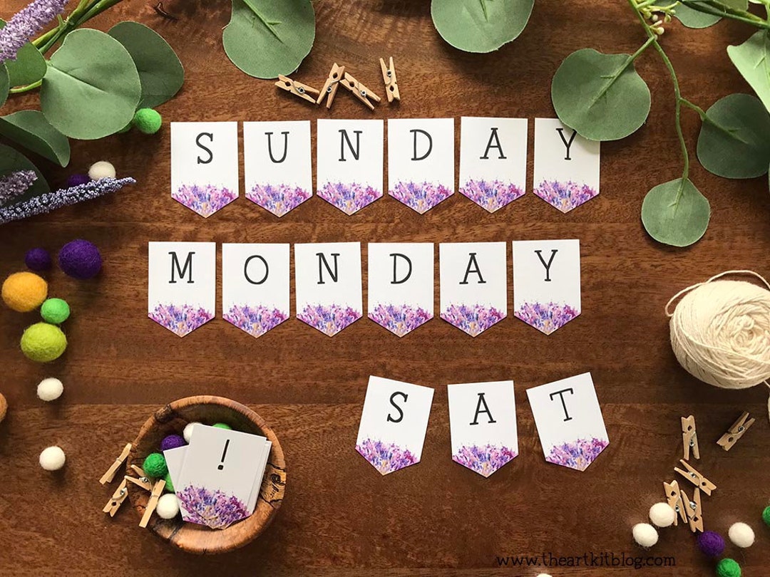 Days of the Week Banner Printable With Purple Flowers Printable Wall