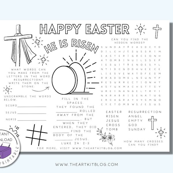 Christian Easter Placemat Activities, Easter Activity Printable Placemat, Easter Workbook Printable, Easter Placemat Activity Sheet