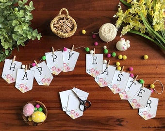 Printable Happy Easter Banner, Party Bunting, Spring Garland, Digital Download, Easter Art, Easter Banner, Easter Sign, Easter Party Decor