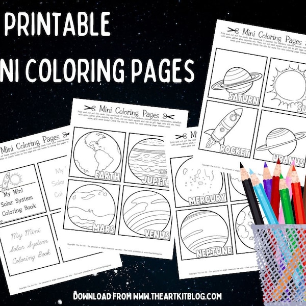 MINI Solar System Coloring Pages Book, 16 Mini Pages to Trace and Color, PRINTABLE for kids, Learning about Space, Cards