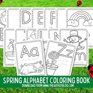 Spring Alphabet Coloring Book, 27 Pages to Color, PRINTABLE for kids, Learning the letters, Seasonal Worksheets image 1