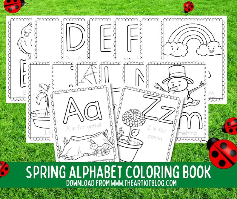 Spring Alphabet Coloring Book, 27 Pages to Color, PRINTABLE for kids, Learning the letters, Seasonal Worksheets image 1