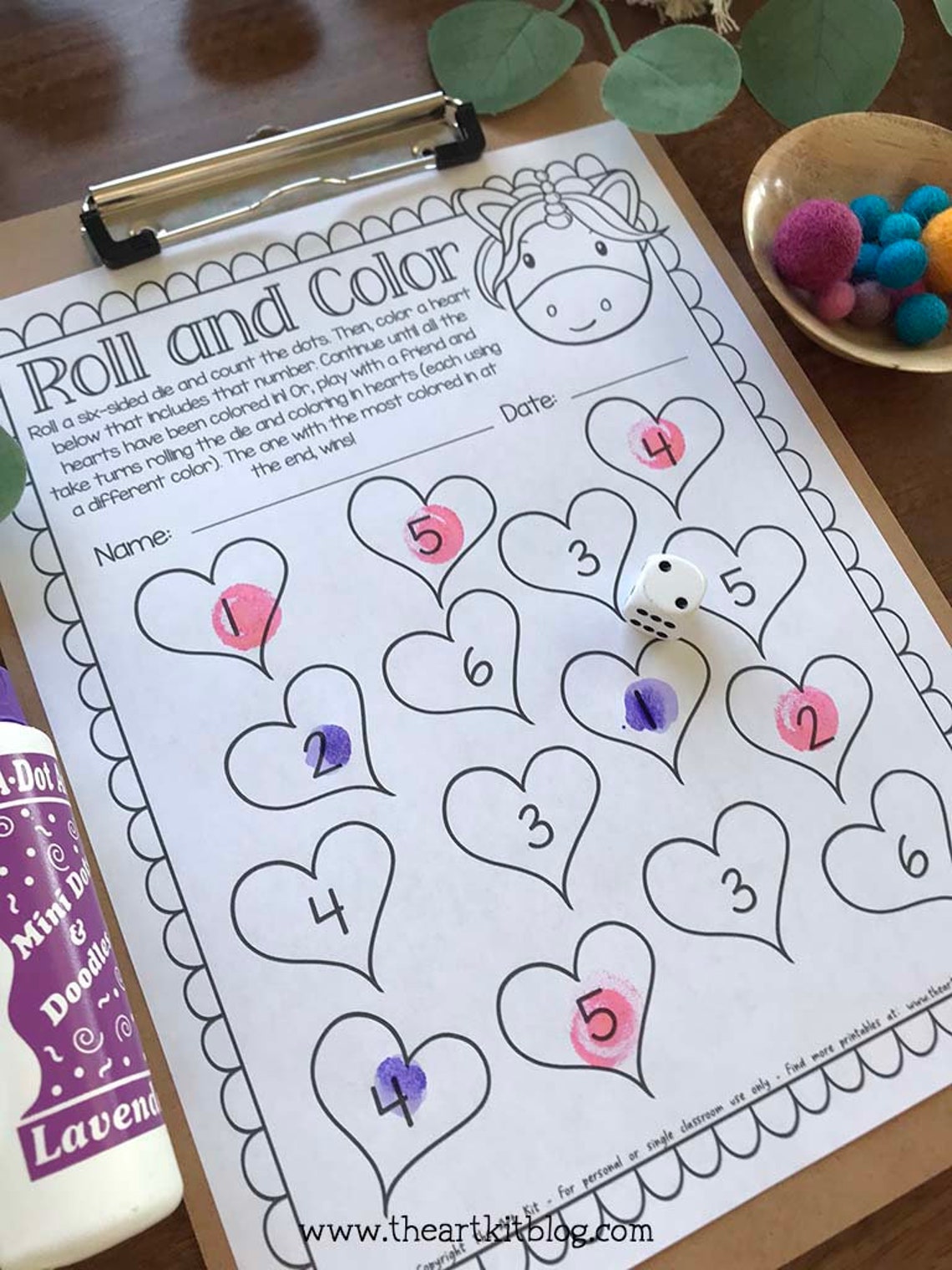 Roll and color dice game printable unicorn printable game games for