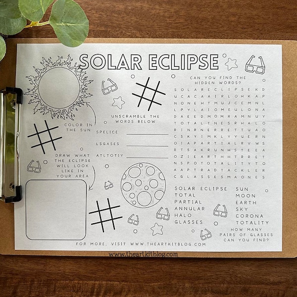 Solar Eclipse Placemat Activities, Solar Eclipse Activity Printable Placemat, Homeschool Printable, Solar Eclipse Placemat Activity Sheet