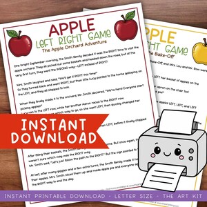 May include: Two printable game sheets titled "Apple Left Right Game" and "Apple Pie Bake-Off" with apple illustrations. The first sheet has the text "Instant Download" and the second has a cute printer illustration.