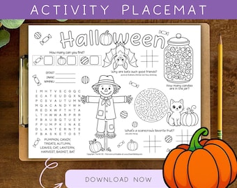 Halloween Activity Placemat Printable, Trick or Treat Favors, Kids Halloween Coloring Page, Halloween Game, Party Activity, Classroom