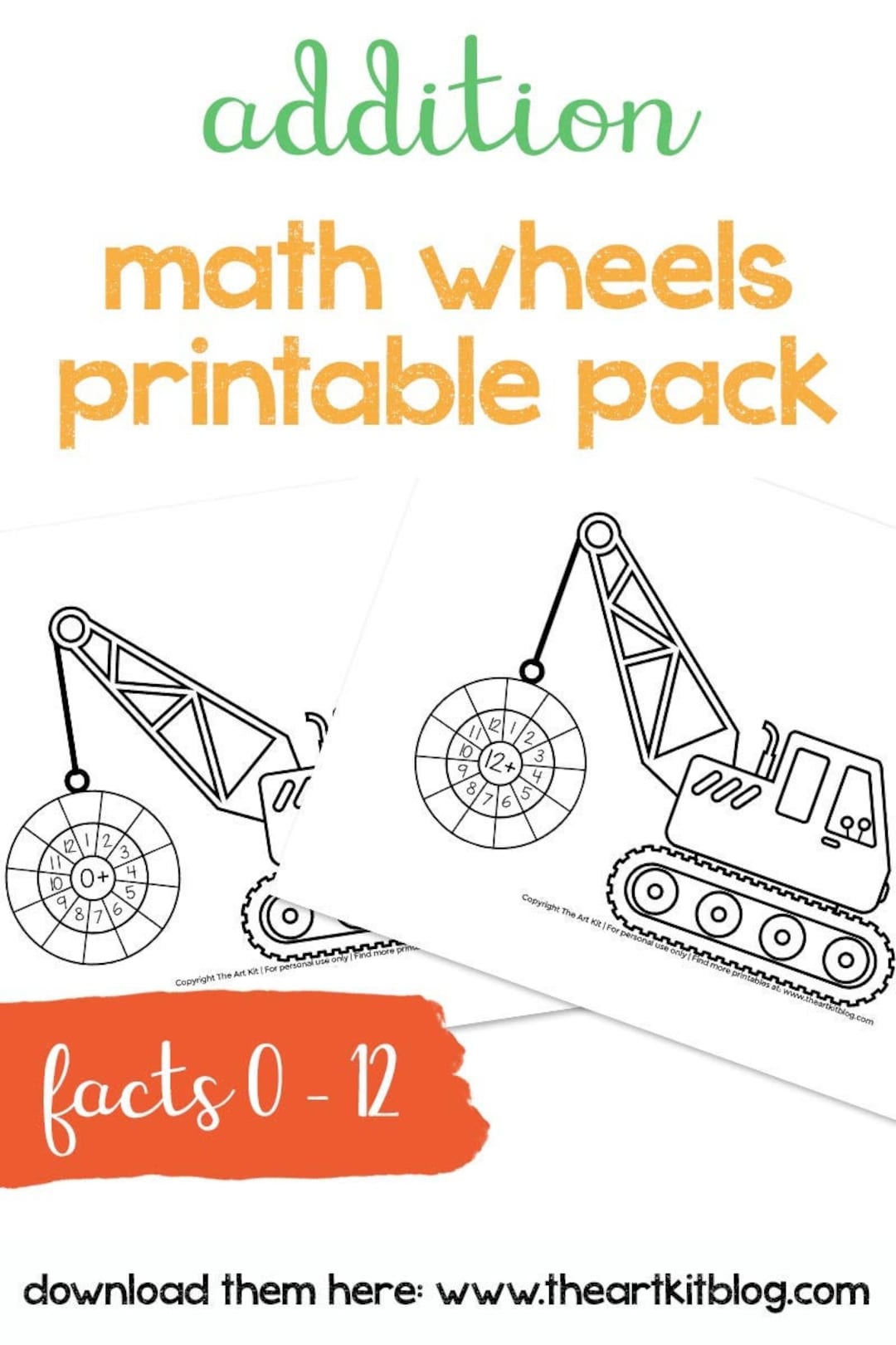 Wrecker Ball Construction ADDITION Math Wheels Activity Sheets 0 to 12