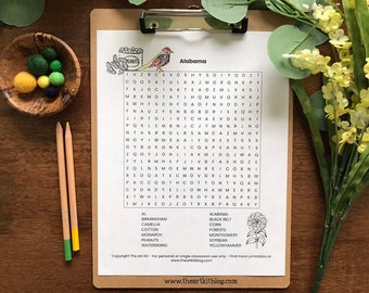 May include: A printable word search puzzle with the word "Alabama" at the top. The puzzle features words related to the state of Alabama, such as Birmingham, cotton, and forests. The puzzle is printed on white paper and is surrounded by a green border.