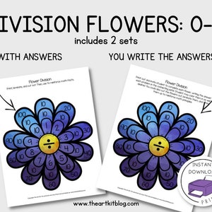 Waldorf Division Math Flowers // Math Facts // Feuilles de travail imprimables 0 à 10 en couleur // Inclut les réponses // Math Wheels // Kids Flash Card