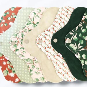 Pack of 7 Washable Sanitary Towels for normal and medium flow (M) - EUCALYPTUS - Tampons - Pads - Washable cotton towels - Weekly