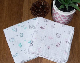 Children's handkerchief in double thickness of washable and reusable double gauze cotton (22 x 22 cm) - Alternative handkerchief - Very soft handkerchief