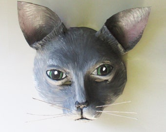Gray Cat Mask, Cat Mask, feline, paper mache, wearable