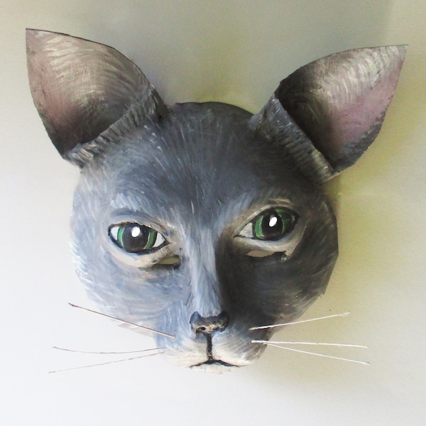 Gray Cat Mask, Cat Mask, feline, paper mache, wearable
