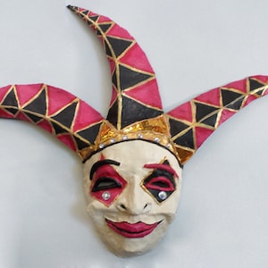 Jester Mask/Venetian, Masquerade Ball, clown, full face mask, wearable, unique mask design, paper mache