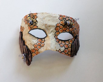 Honeybee Mask, bee, unique mask, half mask, honeycomb, hive, paper mache, wearablw, insect mask