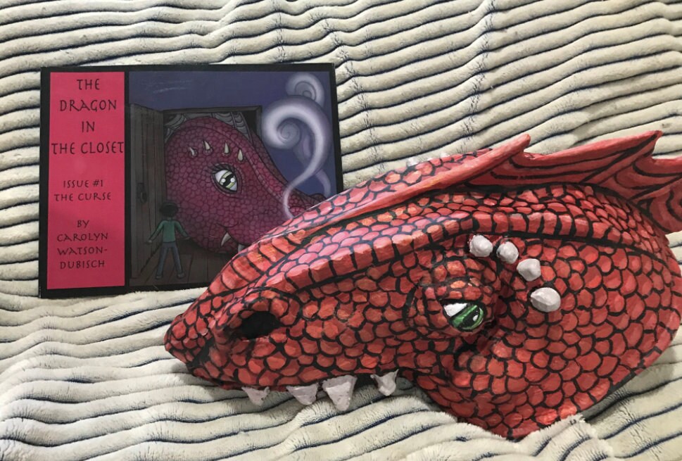 Dragon Mask from "The Dragon in The Closet"-book included-red dragon-mask-paper mache