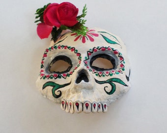 Day of The Dead Mask, Sugar Skull, skull mask, half mask, red flower, paper mache, wearable, Calaca