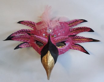 Flamingo Mask, bird mask, rose quartz beads, unique mask with gems, wearable, African bird, masquerade mask