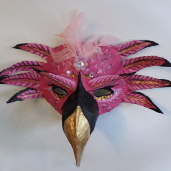 Flamingo Mask, bird mask, rose quartz beads, unique mask with gems, wearable, African bird, masquerade mask