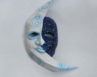 Moon and Stars Mask, nursery,wearable,night sky, lunar, white and blue, unique mask, man in the moon, paper mache