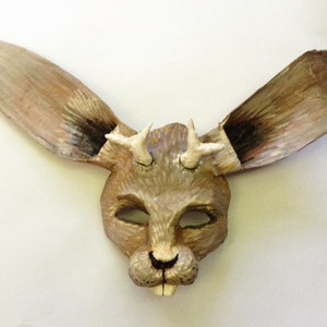 Jackalope Mask, mythical rabbit, paper mache, wearable, rabbit, horned rabbit,legendary image 1