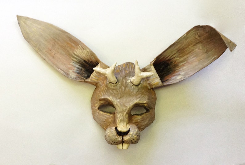 Jackalope Mask, mythical rabbit, paper mache, wearable, rabbit, horned rabbit,legendary image 1