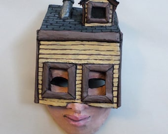 Housebound Mask, little yellow house, trapped, art piece, wearable, surreal costume, unique mask design, paper mache