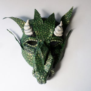 Dragon Mask, fantasy creature, wearable,horned lizard creature, green and gold