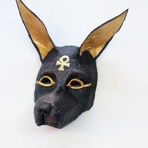 May include: A black Anubis mask with gold accents. The mask features large, upright ears with gold interiors, gold eye details, and a gold ankh symbol on the forehead. The mask is set against a white background.