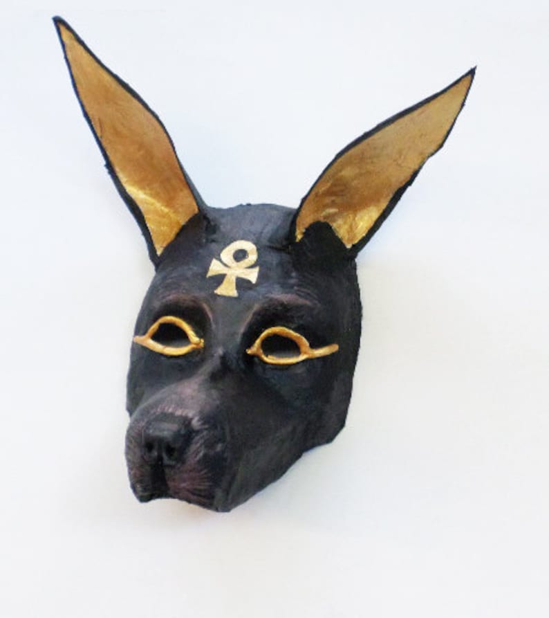 May include: A black Anubis mask with gold accents. The mask features large, upright ears with gold interiors, gold eye details, and a gold ankh symbol on the forehead. The mask is set against a white background.