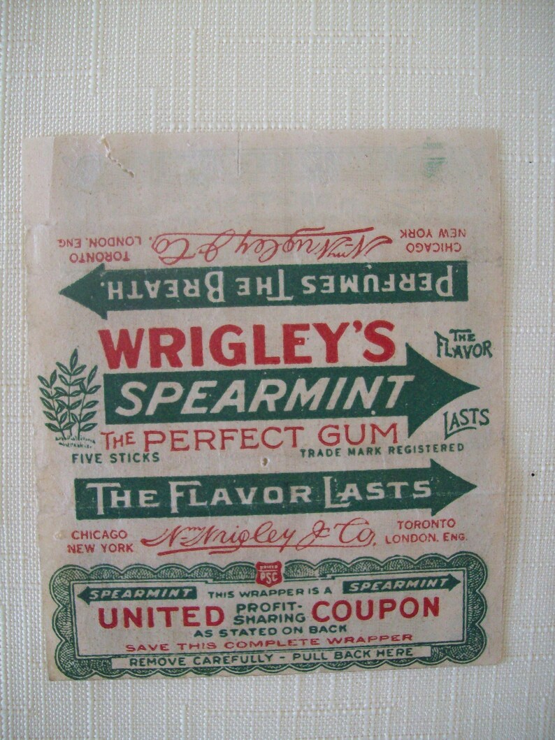 Wrigley's Spearmint Chewing Gum Wrapper with Coupon 1920s Etsy