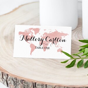 Rose Gold Map Travel Theme Wedding Place Card Template - Where in the World am I Sitting? - Wedding Printable - Calligraphy Names