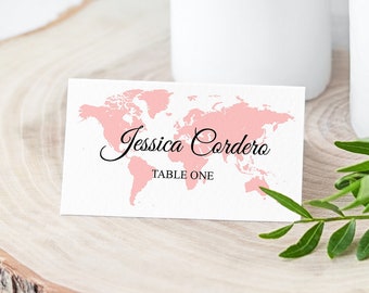 Pink Map Travel Theme Wedding Place Card Template - Where in the World am I Sitting? - Wedding Printable - Calligraphy Names