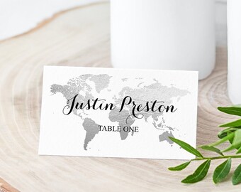 Silver Map Travel Theme Wedding Place Card Template - Where in the World are you Sitting? - Wedding Printable - Calligraphy Names