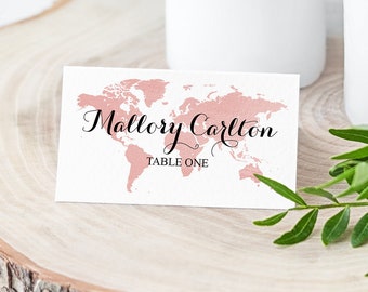 Rose Gold Map Travel Theme Wedding Place Card Template - Where in the World am I Sitting? - Wedding Printable - Calligraphy Names