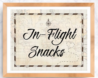 In Flight Drinks Bar Sign - In Flight Snacks Digital Printable - Travel Theme Vintage World Map Sign - Wedding Decoration