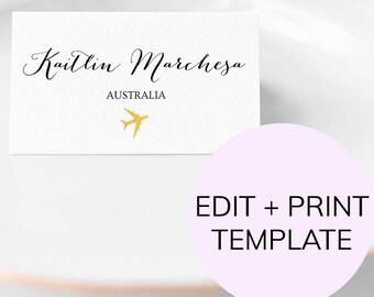 Gold Plane Editable Place Card Template - Edit online, download and print as many as you need - Template Instant Download
